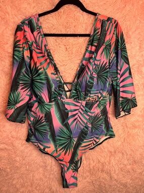 SHEIN Pink & Green Tropical Palm One-Piece Swimsuit